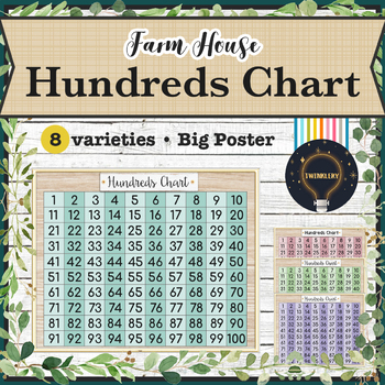 Preview of Farmhouse Hundreds Chart Poster Printable 1-100