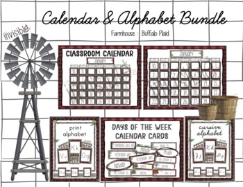 Preview of Whole Bundle! Farmhouse Red Buffalo Plaid Classroom Decor Calendar/Alphabets