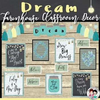 Preview of Farmhouse Classroom Décor, Bulletin Board Set, DREAM, Motivational Posters