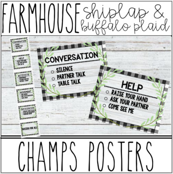 Preview of Farmhouse - Shiplap & Buffalo Plaid CHAMPS Posters for classroom expectations