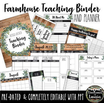 Preview of Farmhouse Classroom Theme Decor Teacher Planner Binder Editable (for 2023/24)
