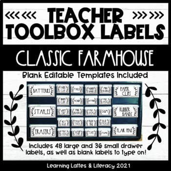 Preview of Farmhouse Teacher Toolbox Labels Classic Black n White Neutral Classroom Labels