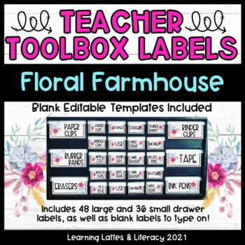 Preview of Farmhouse Teacher Toolbox Labels Floral Shiplap Labels Classroom Labels