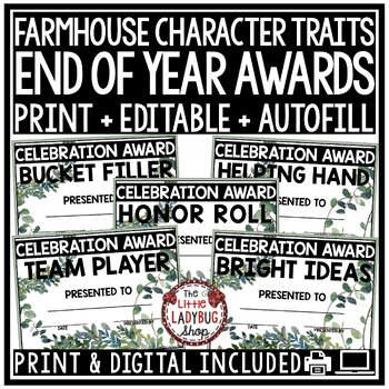 Preview of Farmhouse Theme Editable End of the Year Awards Superlative Class Certificates