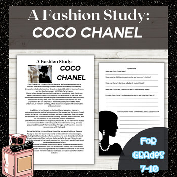 Preview of Fashion Design, Coco Chanel biography worksheet, women in history