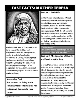 Fast Facts Famous People: Mother Teresa by CURIOUS CAT | TPT