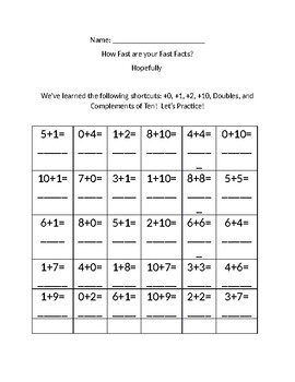 Preview of Fast Facts Review: +0, +1, +2, +10, Doubles, and Complements of 10