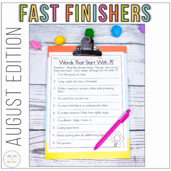 Preview of Fast Finisher Activities for August ELA and Critical Thinking Activities