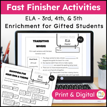 Preview of 3rd, 4th, 5th Grade Early Finishers Activities - ELA Enrichment -Print & Digital