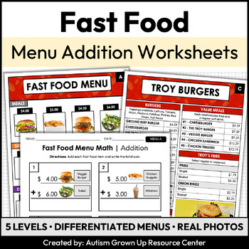 Preview of Fast Food Menu Math for Special Education | Addition Worksheets