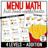 Fast Food Restaurant Menu Math Addition Worksheets