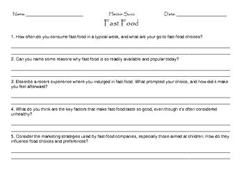 Preview of Fast Food Worksheet: Assess, Reflect, & Discipline