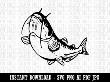 Fat Catfish with Whiskers and Stripes Clipart Instant Digital