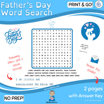 Preview of Father's Day 2024 Word Search Mindful Monks Printable Activity Worksheet