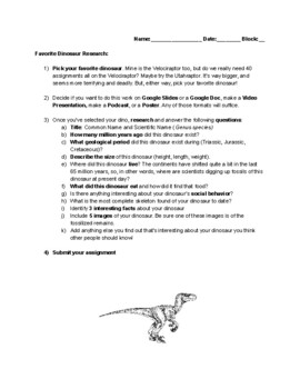 Preview of Favorite Dinosaur Research Assignment