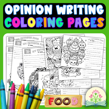 Preview of Favorite Food Opinion Writing Worksheets with Prompt and 16 Cute Coloring Pages