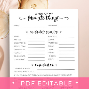 Preview of Favorite Things Questionnaire, My Favorite Things Worksheet