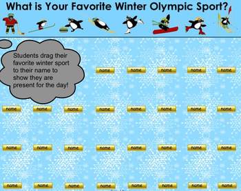 Preview of Favorite Winter Olympic Sport SMART Board Attendance Activity (Penguin Themed)