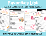 Favorites List for Teacher Coach Family Nurse Secretary | 