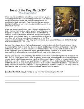 Preview of Feast of the Annunciation Worksheet