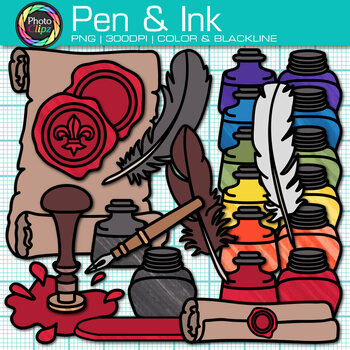 Preview of Feather Pen & Ink Bottle Clipart: Old Style Quill Pen & Wax Seal Clip Art, PNG