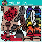 Feather Pen & Ink Bottle Clipart: Old Style Quill Pen & Wa
