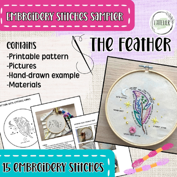 Preview of Feather embroidery stitches sampler/ Printable pattern/ Art handouts