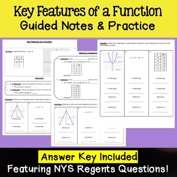Preview of Features of Functions (min,max,intercepts)- Notes & Practice - Algebra 1 Regents