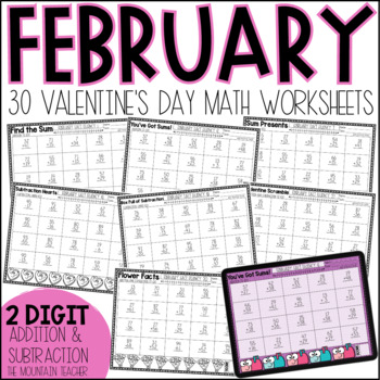Preview of Valentine's Day 2 Digit Addition and Subtraction Worksheets | Math Facts Fluency