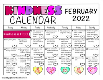 Preview of February 2022 Kindness Calendar (Editable)