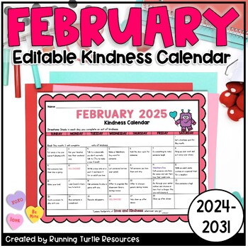 Preview of February Kindness Calendar 2024 Random Acts of Kindness EDITABLE
