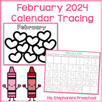 Preview of February 2024 Monthly Tracing and Coloring Calendar