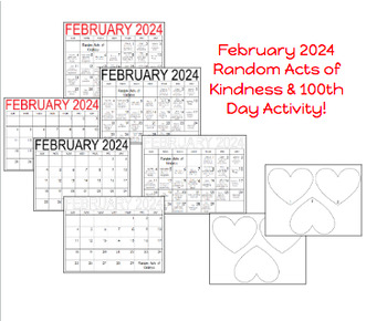 Preview of February 2024 Random Acts of Kindness Calendar EDITABLE & 100th day Activity