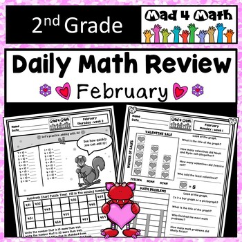 Preview of February 2nd Grade Math Spiral Review Packets Daily Morning Work Valentines