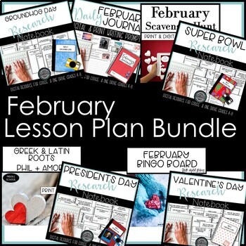Preview of February Activities Research, Reading, Vocabulary, Writing Bundle