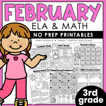 Preview of February Activity Pack | 3rd Valentine's Day Worksheets Literacy, Grammar, Math