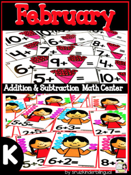 Preview of February Addition & Subtraction Math Center (English & Spanish)