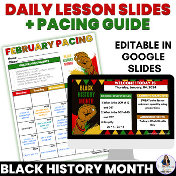 Preview of February Black History Month Theme Daily Agenda Slides Editable Pacing Guide