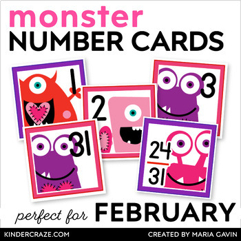 Preview of February Monster Calendar Numbers - Number Cards for Valentine Center Activities