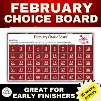 Preview of February Valentines Day Choice Board With 50 Writing Prompts
