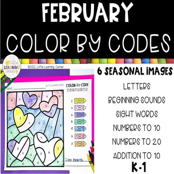 Preview of February Color By Code | ELA & Math Valentines Coloring Worksheets