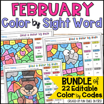 Preview of Groundhog Day Dental Health & Valentine's Editable Color by Sight Word Bundle