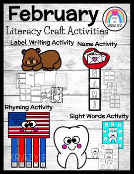 Preview of February Crafts, Literacy Activities: Groundhog, Valentines, USA Flag, Tooth