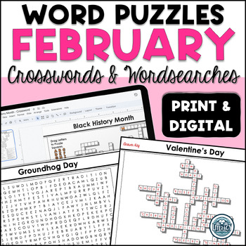 Preview of February Crossword Puzzles & Word Search - Middle & High School- Print & Digital