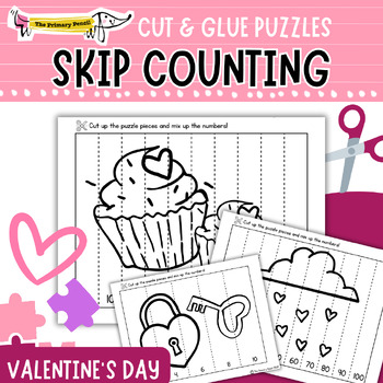Preview of February Cut & Glue Number Puzzle Math Center | Skip Counting 2's, 5's, & 10's