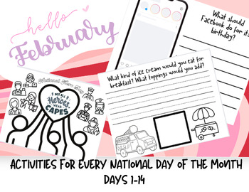 Preview of February Daily Journals Coloring Elementary Days 1-14 Bulletin Board Holiday