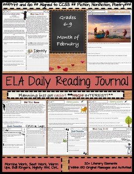 Preview of February Daily Reading Morning Work ELA Bell Ringers for Middle School