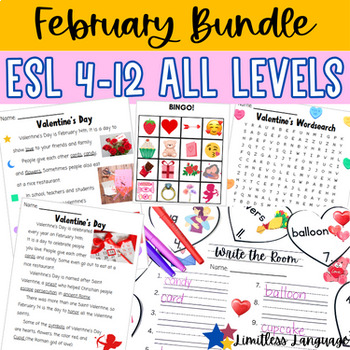 Preview of February ESL Activities Bundle--All Levels, beginner through advanced-GROWING