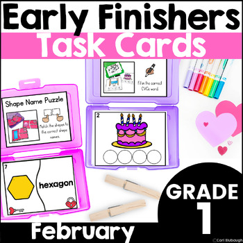 Preview of February Early Finisher Phonics & Math Activity Task Card Boxes for 1st Grade