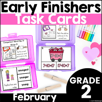 Preview of February Early Finisher Phonics and Math Activity Task Card Boxes for 2nd Grade